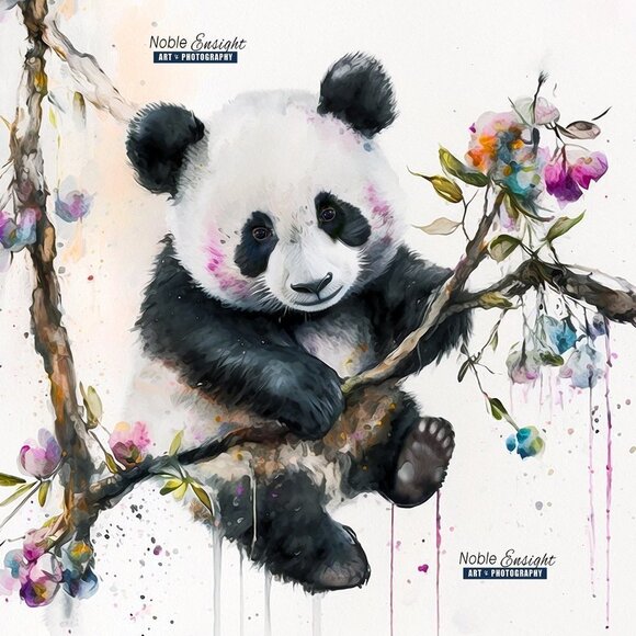 20x30 Baby Panda in a Tree Floral Watercolor Oil Painting Art Print - Picture 8 of 8